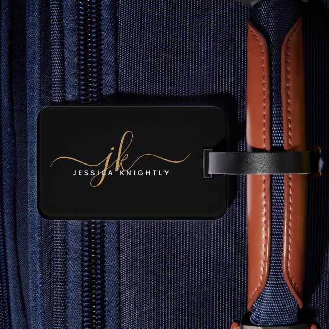 Etiqueta Para Maletas Elegante Black Gold Script Monograma Nombre simple (Reverso  In Situ 2)