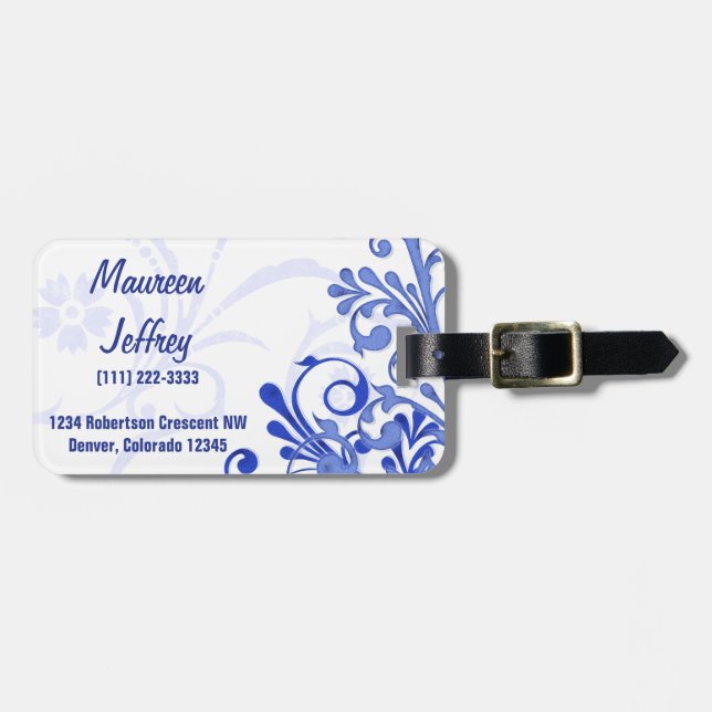Etiqueta Para Maletas Elegante Blue White Abstract Floral personalizada (Frente Horizontal)