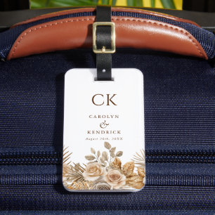 Etiqueta Para Maletas Elegante Boda de Monograma Floral Neutral Boho