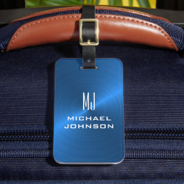 Etiqueta Para Maletas Elegante cepillado azul metálico monogramado inici