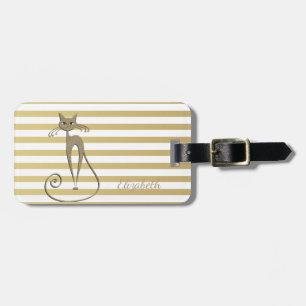 Etiqueta Para Maletas Elegante Chic Brillo de Oro Falso Gato sobre Rayas