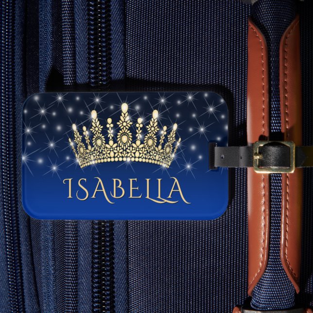 Etiqueta Para Maletas Elegante Corona espumosa y estrellas Royal Blue &  (Anverso In Situ 4)