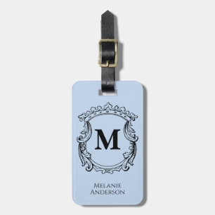 Etiqueta Para Maletas Elegante Cresta de Monograma Azul 
