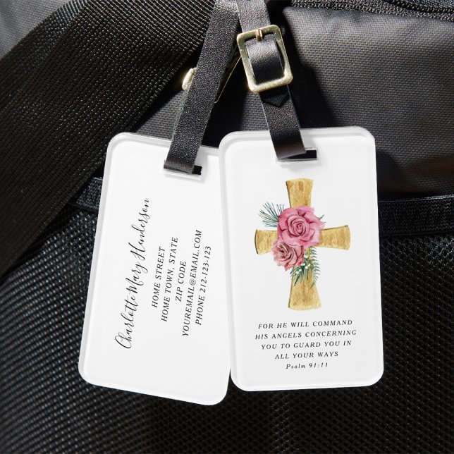 Etiqueta Para Maletas Elegante Cruz Floral Rosa (Religious Floral Cross Psalm 91:11 Bible Verse Luggage Tag)