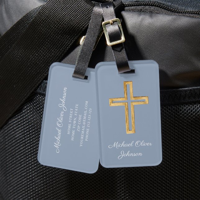 Etiqueta Para Maletas Elegante cruz religiosa Dusty Blue Script (Elegant Religious Cross Dusty Blue Script Luggage Tag)