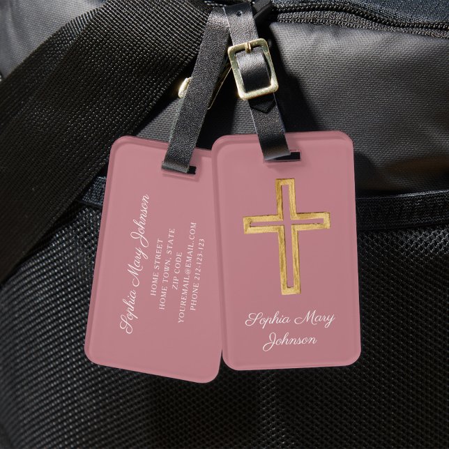 Etiqueta Para Maletas Elegante Cruz Religiosa Rosa (Elegant Religious Cross Dusty Pink Script Luggage Tag)