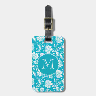 Etiqueta Para Maletas Elegante Damasco Floral Monogramado Turquesa y Bla