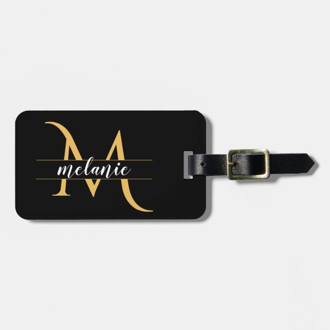 Etiqueta Para Maletas Elegante dirección de Personalizado negro con mono (Frente Horizontal)