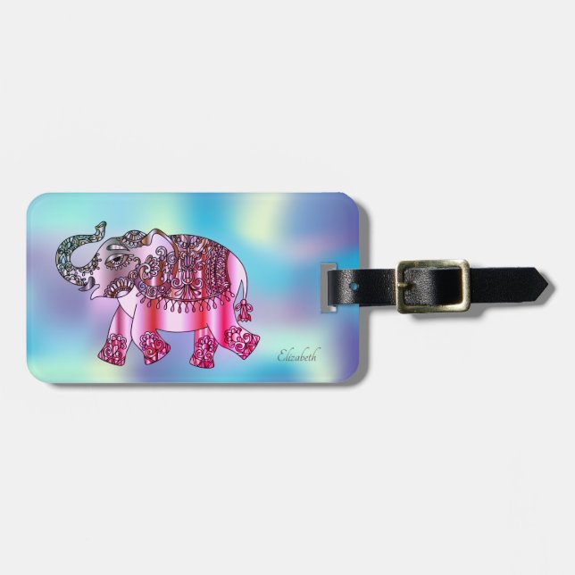Etiqueta Para Maletas Elegante Elefante Paisley, Holográfico (Frente Horizontal)