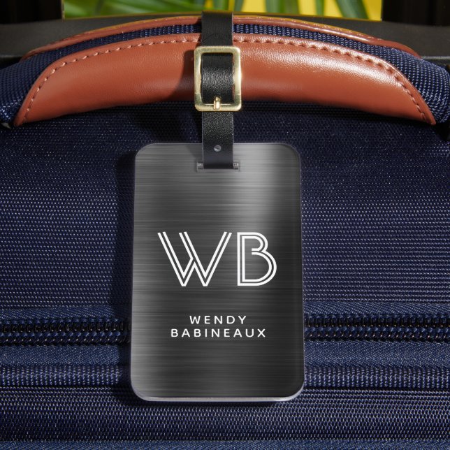 Etiqueta Para Maletas Elegante elegante negro Metalizado Dos Monograma I (Anverso In situ 2)