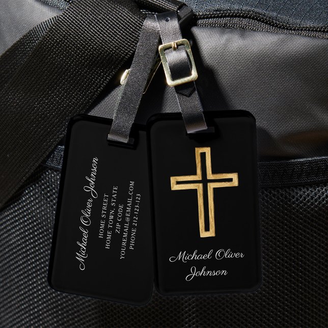 Etiqueta Para Maletas Elegante escritura religiosa cruzada negra (Elegant Religious Cross Black Script Luggage Tag)
