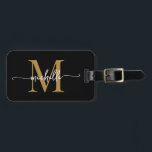 Etiqueta Para Maletas Elegante Estilizado Monograma Inicial Negro Dorado<br><div class="desc">Etiqueta para equipaje personalizada con elegante estilo moderno femenino en negro y dorado con monograma de nombre inicial personalizado. Este diseño presenta un nombre en una hermosa tipografía con florituras y monograma inicial, información de dirección en dorado y blanco sobre negro. Estas son fáciles de personalizar. Regalo femenino elegante para...</div>