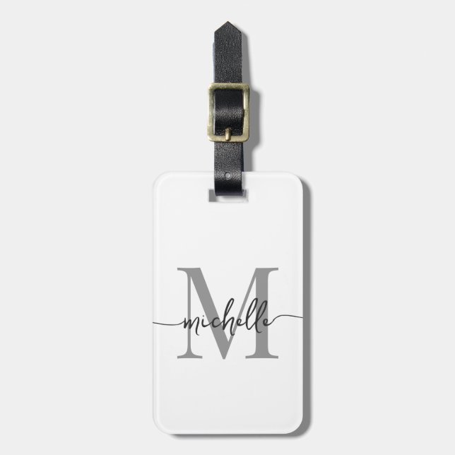 Etiqueta Para Maletas Elegante Estilo Blanco Gris Monograma Inicial Scri (Frente Vertical)
