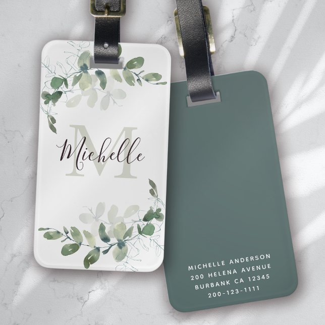 Etiqueta Para Maletas Elegante Eucalyptus Monograma Script Nombre (Subido por el creador)