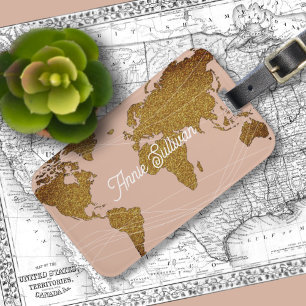 Etiqueta Para Maletas Elegante Faux Gold World Map Dusty Rosa Travel