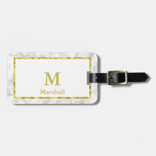 Etiqueta Para Maletas Elegante Faux Marble Border Gold Name con Monogram
