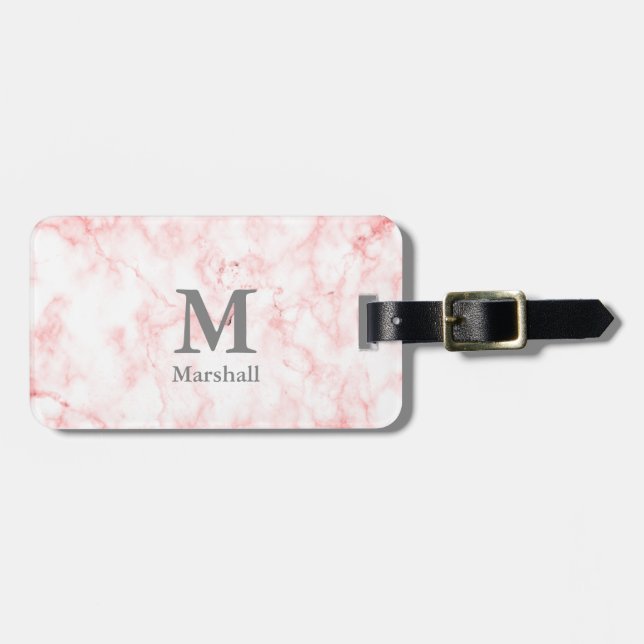 Etiqueta Para Maletas Elegante Faux Pink Marble Name and Monogram (Frente Horizontal)