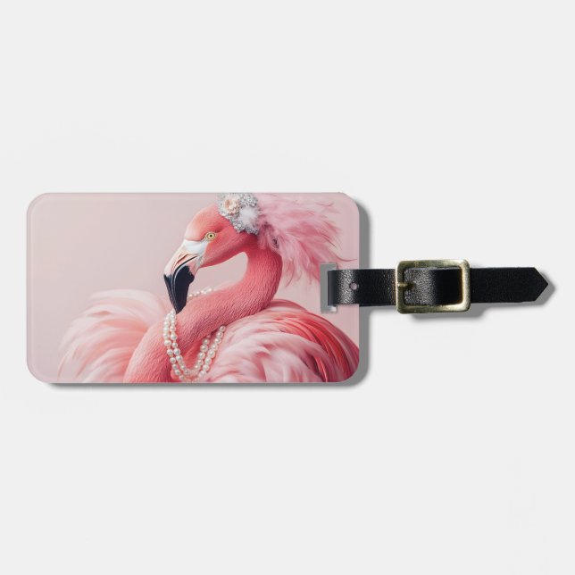 Etiqueta Para Maletas Elegante flamenco rosa con perlas y plumas (Frente Horizontal)