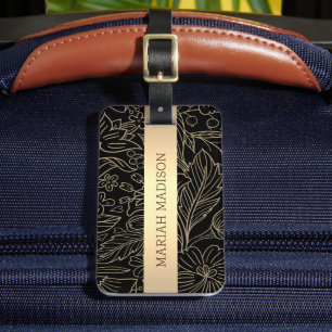Etiqueta Para Maletas Elegante floral azul y oro monogramado personaliza