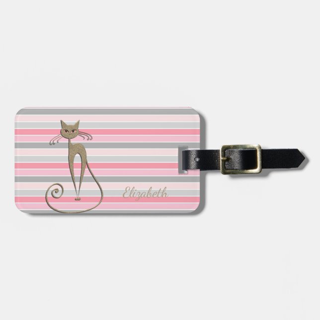Etiqueta Para Maletas Elegante Gato Purpurinoso Faux Gold En Stripe (Frente Horizontal)