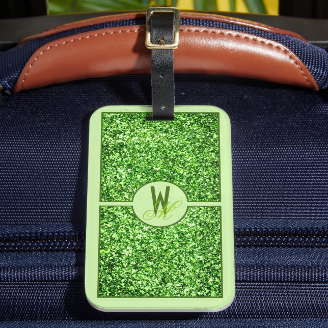 Etiqueta Para Maletas Elegante Glitter Verde Monogramado  (Anverso In situ 2)