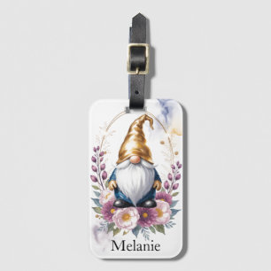 Etiqueta Para Maletas Elegante gnomo dorado en ramo floral