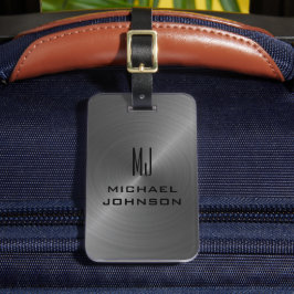 Etiqueta Para Maletas Elegante Gris Brushed Metálico Monogramado Inicial