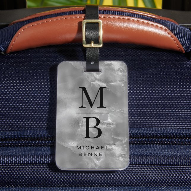 Etiqueta Para Maletas Elegante gris monogramado (Anverso In situ 2)
