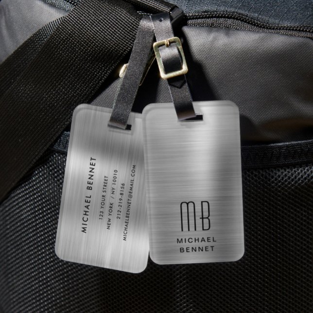 Etiqueta Para Maletas Elegante gris plateado monograma (Elegant Monogram Silver Gray Luggage Tag)
