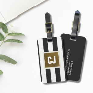 Etiqueta Para Maletas Elegante Gris Rayas Blancas Faux Copper Monograma