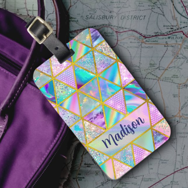 Etiqueta Para Maletas Elegante holográfico trendy faux dorado geométrico (Subido por el creador)
