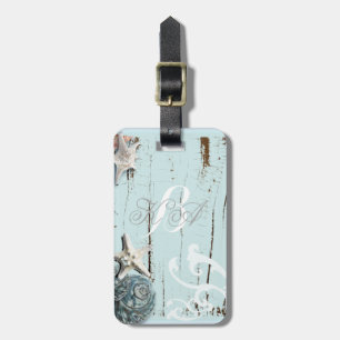 Etiqueta Para Maletas Elegante madera BLue Seashells Beach Wedding