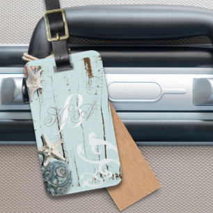 Etiqueta Para Maletas Elegante madera BLue Seashells Beach Wedding