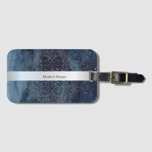 Etiqueta Para Maletas Elegante mandala moderno de plata con franja azul