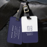 Etiqueta Para Maletas Elegante Marina Monogramada Azul<br><div class="desc">Elegante y personalizada etiqueta de equipaje azul de la Marina Monogramada.</div>
