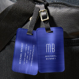 Etiqueta Para Maletas Elegante Marina Monogramada Azul Metalizado