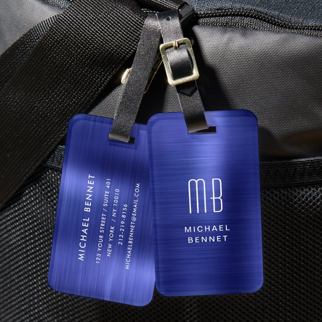 Etiqueta Para Maletas Elegante Marina Monogramada Azul Metalizado (Elegant Monogrammed Navy Blue Metal Luggage Tag)