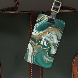 Etiqueta Para Maletas Elegante Mármol Esmeralda con Inicial y Nombre de 