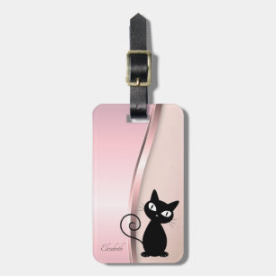 Etiqueta Para Maletas Elegante metálico moderno, gato negro rosa