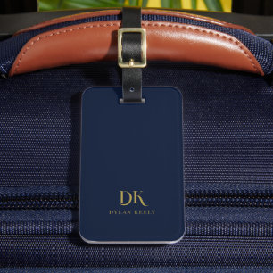 Etiqueta Para Maletas Elegante minimalista Monograma Oscuro Azul Oro Ele