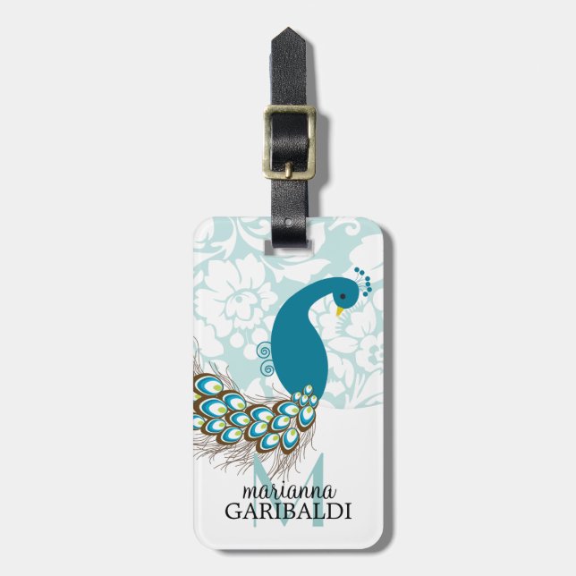 Etiqueta Para Maletas Elegante moderno Damask Peacock personalizado (Frente Vertical)