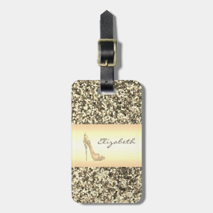Etiqueta Para Maletas Elegante Moderno Femenino, Brillo Dorado, Tacón