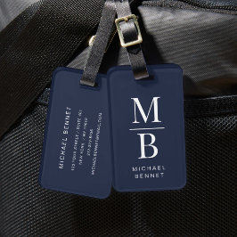 Etiqueta Para Maletas Elegante Monograma Azul Marino