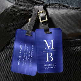 Etiqueta Para Maletas Elegante Monograma Azul Marino Metálico Pulido