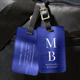 Etiqueta Para Maletas Elegante Monograma Azul Marino Metalizado Pulido