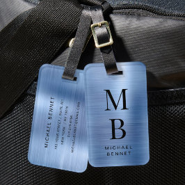 Etiqueta Para Maletas Elegante Monograma Azul Metálico Bruñido