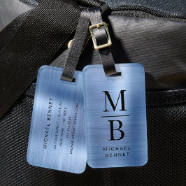 Etiqueta Para Maletas Elegante Monograma Azul Metálico Bruñido