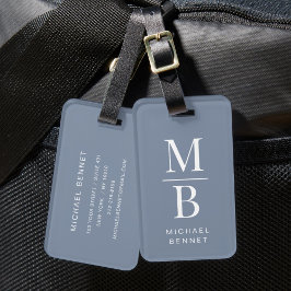 Etiqueta Para Maletas Elegante Monograma Azul Polvoriento