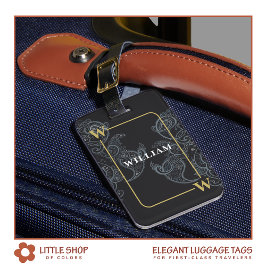 Etiqueta Para Maletas Elegante Monograma Black Gold Paisley