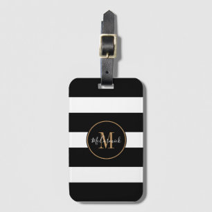 Etiqueta Para Maletas Elegante Monograma Black White Stripes Gold Name